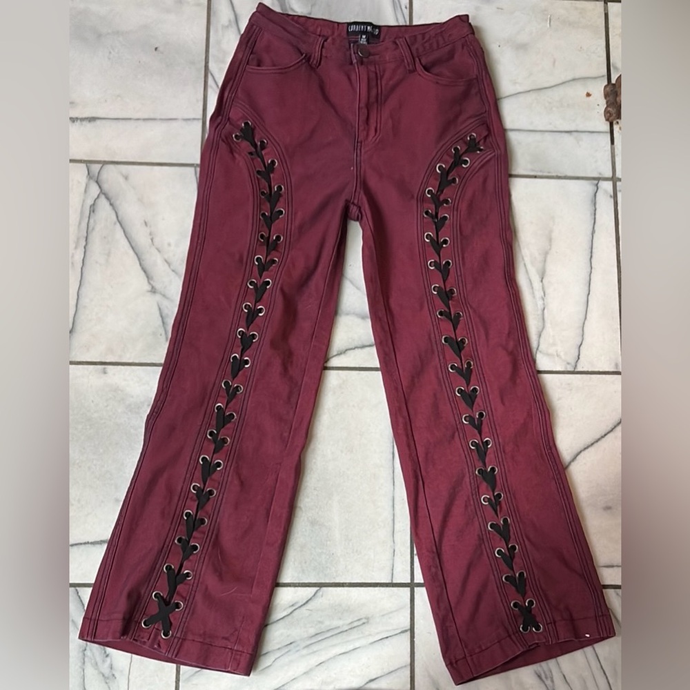 Burgundy Current Mood  Pants with Black Corset Detail